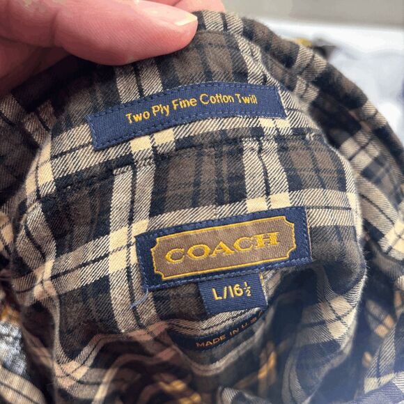 Coach 2-Ply Fine Cotton Twill Oxford Tan Black Plaid Button Shirt Mens Large USA - Picture 5 of 5
